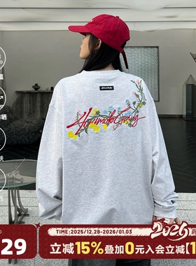 [章若楠同款]404MOB花卉刺绣长袖T恤男女美式宽松防晒圆领打底衫