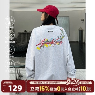 T恤男女美式 404MOB花卉刺绣长袖 宽松防晒圆领打底衫 章若楠同款