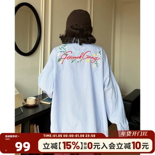 [周柯宇同款]404MOB重工刺绣长袖衬衫中性风Cozyfit蓝色条纹外套