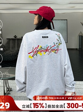 [章若楠同款]404MOB花卉刺绣长袖T恤男女美式宽松防晒圆领打底衫