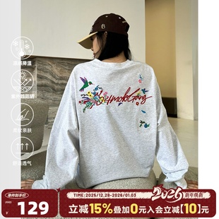 潮牌圆领打底上衣秋 美式 404MOB蜂鸟花卉重工刺绣长袖 T恤男女同款