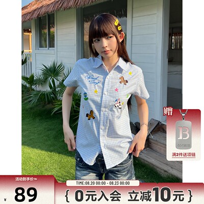 404MOB夏日多巴胺小狗刺绣条纹衬衫女潮牌学院风宽松百搭情侣衬衣