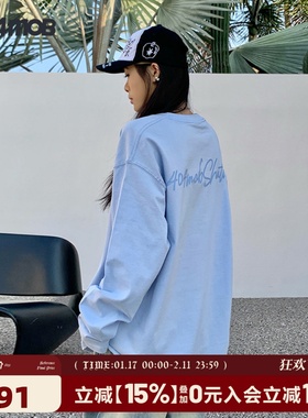 404MOB手写描边字母印花重磅长袖T恤春季男生美式潮牌情侣装上衣