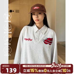 T恤男学院风宽松休闲防晒翻领POLO衫 404MOB美式 复古搞怪刺绣长袖