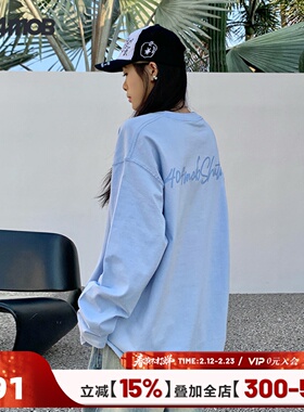 404MOB手写描边字母印花重磅长袖T恤春季男生美式潮牌情侣装上衣