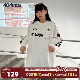 404MOB国潮牌情侣美式 宽松重磅纯棉T恤男2024 复古三条杠插肩长袖