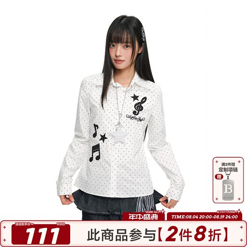 404MOB美式复古波点音符刺绣修身翻领衬衫女辣妹纯棉收腰长袖上衣