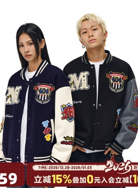 404MOB美式复古重工刺绣棒球服外套男女款潮PU皮拼接宽松夹克上衣