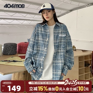 宽松百搭衬衣女 男洗水蓝刺绣做旧美式 404MOB扎染复古格子长袖 衬衫