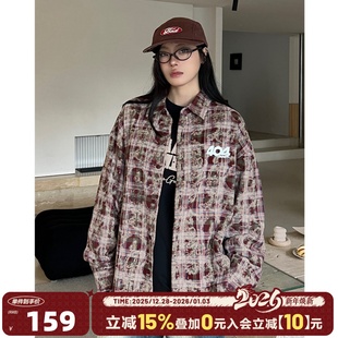 百搭宽松外套 男女复古美式 404MOB废土风蜡染印花刺绣格子长袖 衬衫