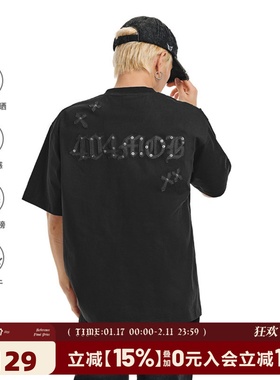 404MOB贴皮刺绣270g重磅复古短袖T恤男女款UPF50防晒凉感宽松上衣