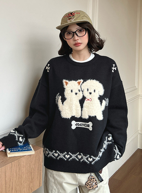 [廖俊涛同款]404MOB秋冬厚款提花趣味小狗毛衣男美式圆领针织衫