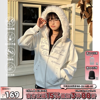 404MOB烫钻字母设计冬季大毛领加厚加绒外套女款短款连帽开衫卫衣