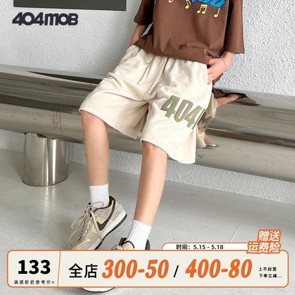 404MOB高街卡其色休闲发泡印花短裤男潮牌运动美式五分裤子夏薄款