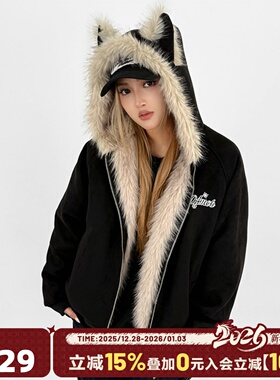 404MOB猫耳朵加绒连帽座山雕麂皮外套棉服女冬季新款保暖加厚棉袄