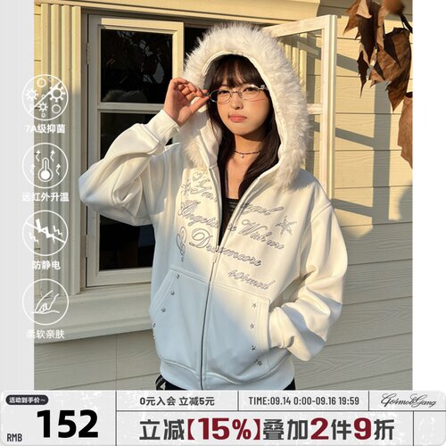 404MOB烫钻加厚加绒连帽卫衣女