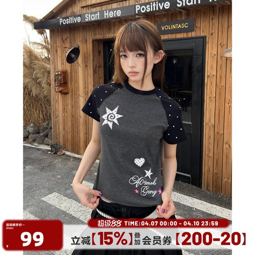 404MOB波点拼接美式辣妹短袖T恤