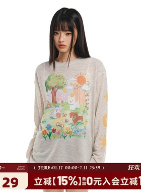 404MOB春夏2026直喷手绘涂鸦罩衫上衣复古彩色打底薄透气长袖T恤