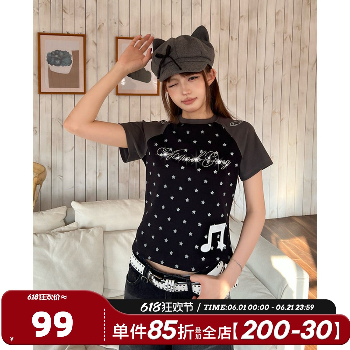 404MOB立体烫钻满印翅膀女装短款T恤2026夏正肩显瘦辣妹Y2K轻亚风