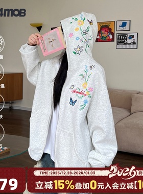 [杨超越余景天同款]404MOB花卉刺绣拉链卫衣男宽松情侣开衫外套女