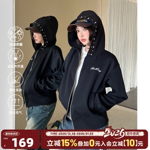 夹克女 秋冬高腰百搭休闲开衫 404MOB立体钉珠短款 连帽卫衣外套女装