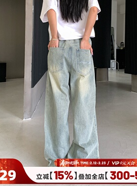 404MOB潮流复古刺绣多色水洗做旧直筒牛仔裤男士宽松休闲百搭长裤