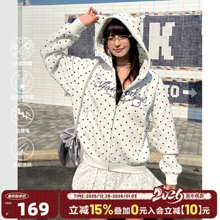 秋冬加绒厚外套 短款 404MOB刺绣可爱耳朵复古波点连帽开衫 卫衣女款