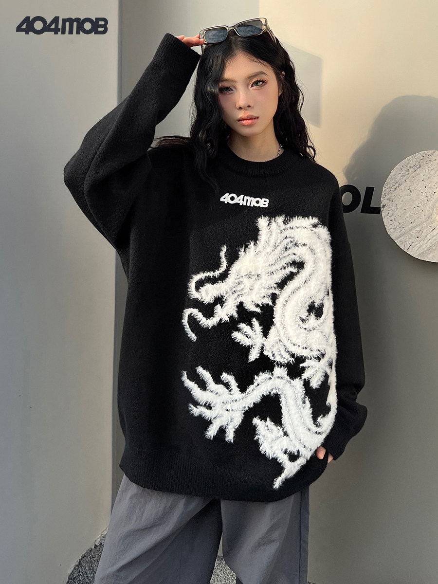 404MOB 남성용 미국 부르고뉴 자카드 자수 스웨터 두꺼운 내부 스웨터 2024 용 조디악 년 의류