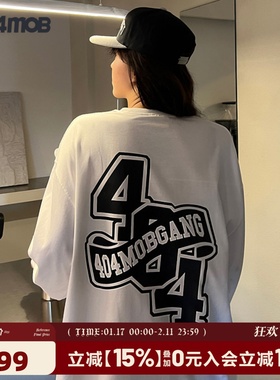 404MOB创意logo美式潮牌春秋圆领套头宽松情侣装基础长袖t恤男女
