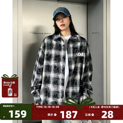 404MOB蜡染印花黑白格长袖衬衫男刺绣无性别主义情侣休闲衬衣外套