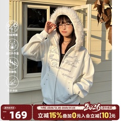 404MOB烫钻字母设计冬季大毛领加厚加绒外套女款短款连帽开衫卫衣