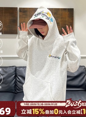 404MOB街头美式花卉刺绣长袖连帽卫衣男女同款宽松百搭情侣帽衫