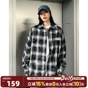 404MOB蜡染印花黑白格长袖 男刺绣无性别主义情侣休闲衬衣外套 衬衫