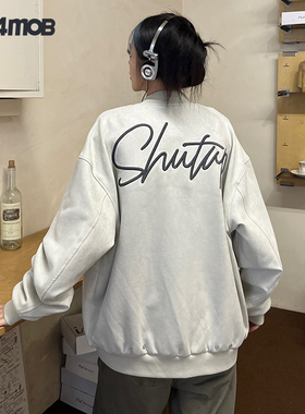 [钟祺同款]404MOB潮流棒球领花体字母刺绣麂皮绒夹克男休闲外套秋