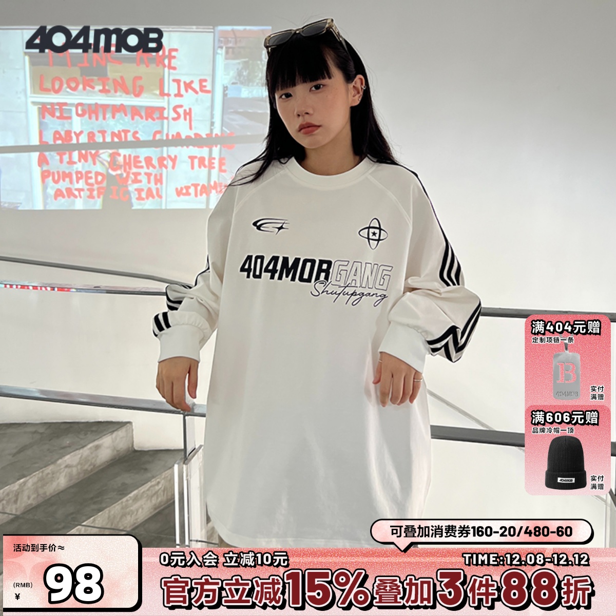 404MOB三条杠长袖T恤复古男女