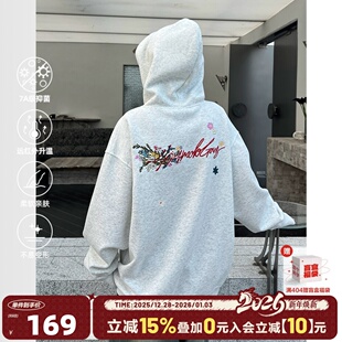 404MOB手写花卉刺绣重磅连帽卫衣男美式 慵懒休闲oversize情侣帽衫