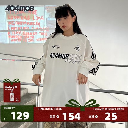 404MOB国潮牌情侣美式复古三条杠插肩长袖宽松重磅纯棉T恤男2024