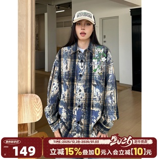 衬衫 扎染花卉刺绣长袖 404MOB美式 男磨毛加厚情侣外套女 梓渝同款