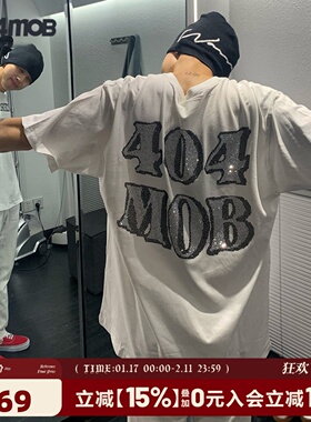 404MOB超火烫钻水钻LOGO情侣落肩体恤上衣ins潮流宽松短袖T恤男女