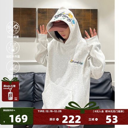 404MOB街头美式花卉刺绣长袖连帽卫衣男女同款宽松百搭情侣帽衫