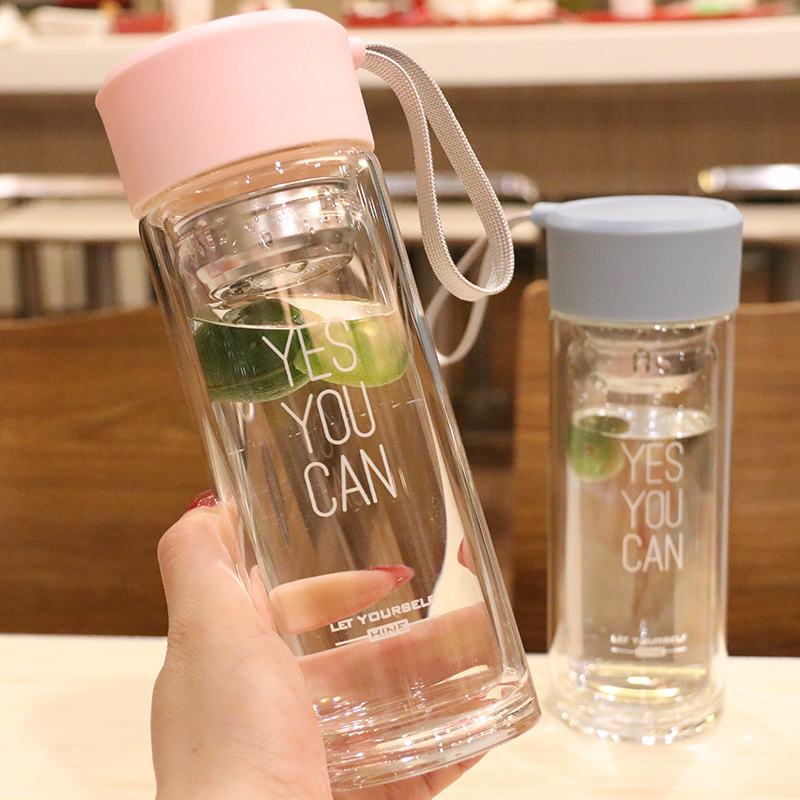 耐热隔水学生带提绳双层玻璃杯