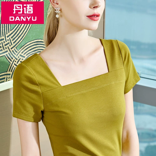 丹语 Летняя одежда, хлопковая ретро футболка с коротким рукавом, квадратный вырез, коллекция 2021, французский стиль