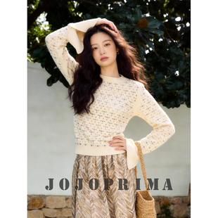 JOJOPRIMA 重工烫钻纯羊毛套头针织衫小众设计感喇叭袖毛衣女