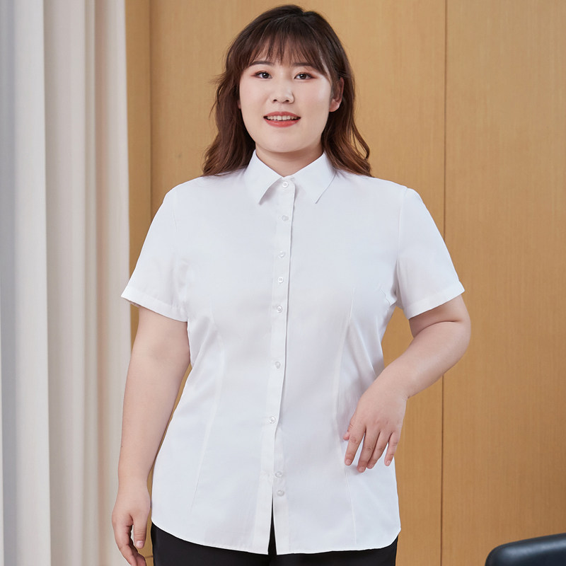 宽松工作短袖棉中长款白衬衣大码