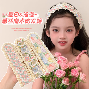 夏天蕾丝花边魔术贴发箍儿童刘海碎发贴女童宝宝可爱宽边发带头箍