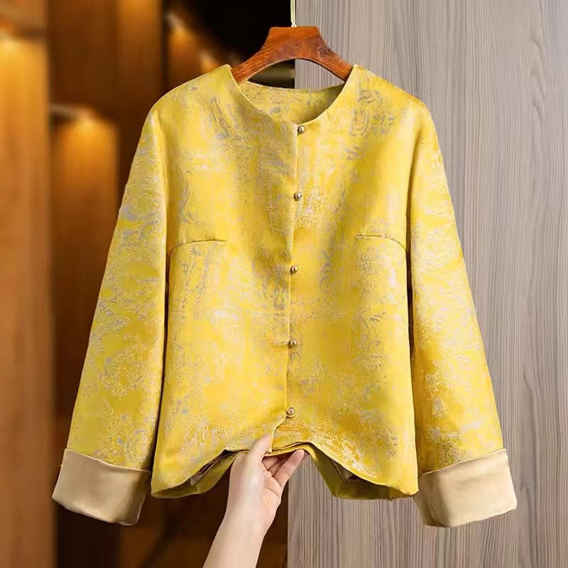 黄色提花短外套女士2025春季新款圆领宽松唐装复古国风新中式上衣,女装/女士精品,短外套,淘宝优惠券,粉丝福利购,淘宝优惠卷