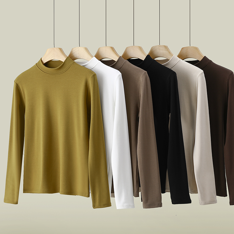 螺纹半高领薄绒打底衫女秋冬新款内搭长袖t恤女修身显瘦保暖上衣