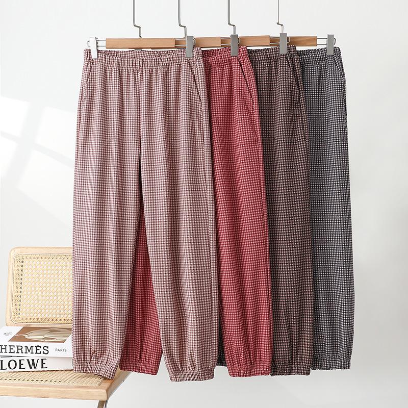 格子束脚裤秋冬德绒家居裤女士