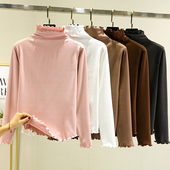 T恤保暖加绒加厚上衣 长袖 德绒木耳边半高领打底衫 女秋冬内搭修身