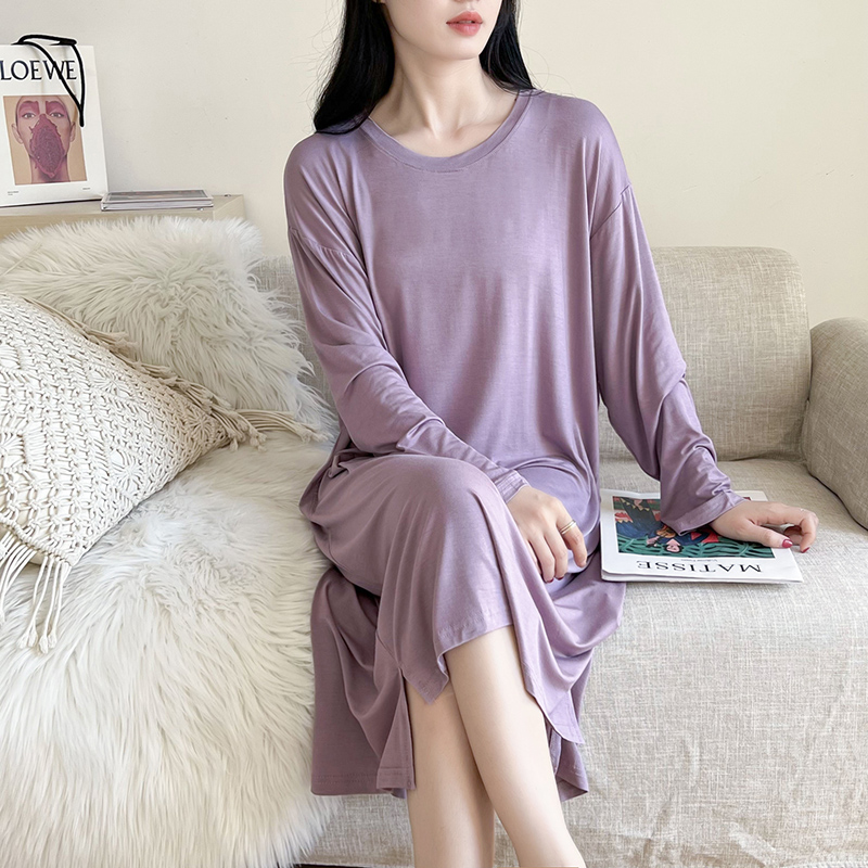 2023春夏款莫代尔长袖睡裙女薄款胖mm开叉连衣裙大码休闲家居睡衣